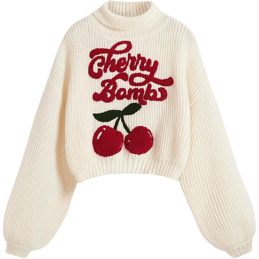 Women's Cherry Embroidered Knit Turtleneck Sweater Small Long Sleeve